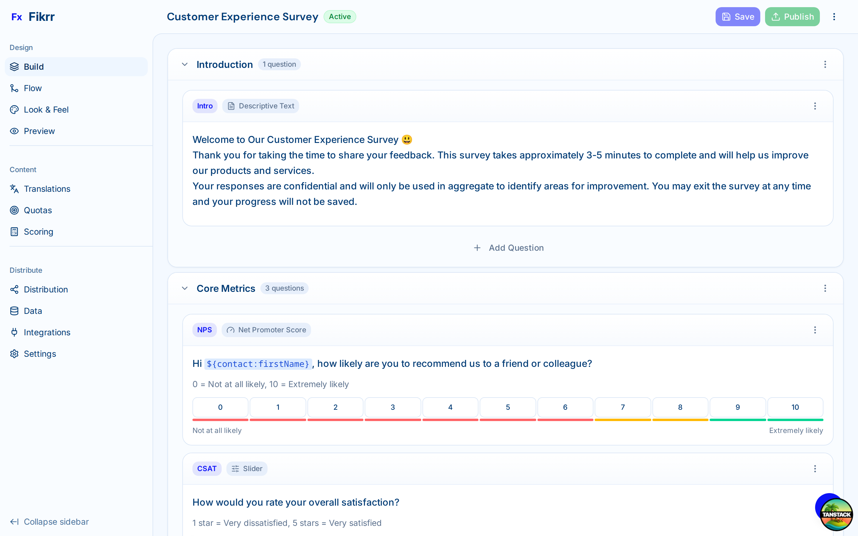 Survey builder interface with question types and logic