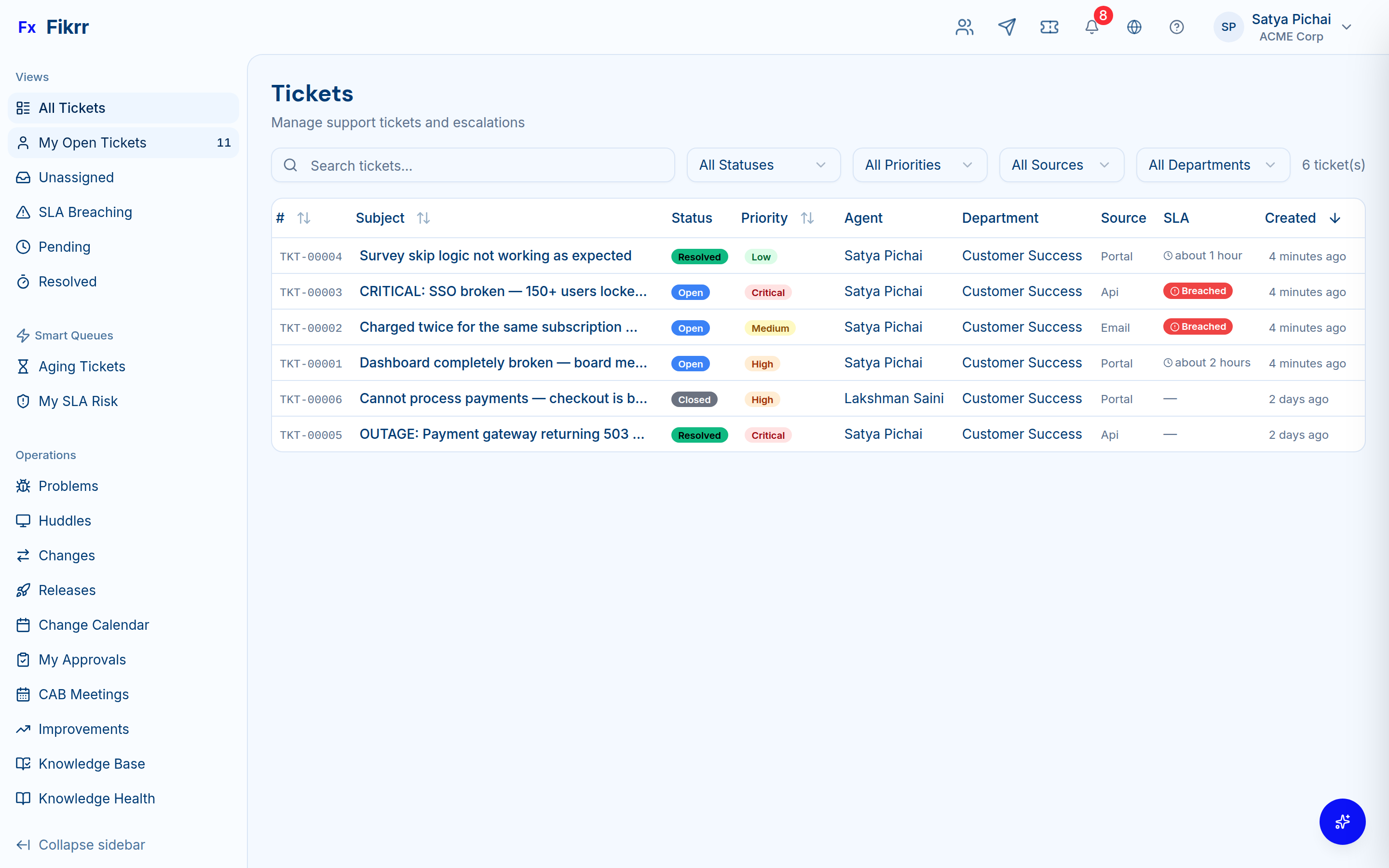Ticket management interface with queue and SLA tracking